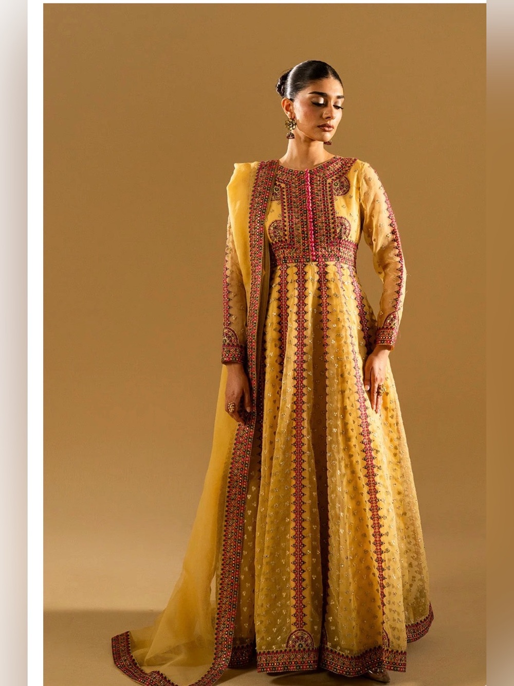 Yellow Embroidered Long Sleeve Anarkali Dress